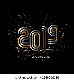 Vector 2019 New Year Black background with gold firework. Festive premium design template for holiday greeting card, invitation, calendar poster, banner