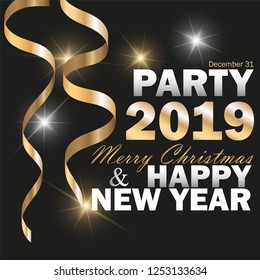 Vector 2019 New Year Black background with gold glitter confetti. Festive premium design template for holiday greeting card, invitation, calendar poster, banner