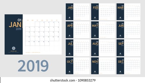 Vector del calendario del año nuevo 2019 en una mesa limpia mínima simple estilo y color azul y amarillo anaranjado,Planificador de eventos de vacaciones,Semana empieza domingo.incluye evento de vacaciones.Tamaño A5