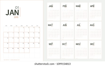 Vector of 2019 new year calendar in minimal table simple style and organic tone color,Holiday event planner,Week Starts Sunday,A5 size.