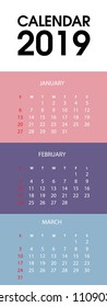 Vector of 2019 new year calendar in clean minimal table simple style. Holiday event planner,Week Starts Sunday,