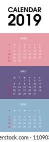 Vector of 2019 new year calendar in clean minimal table simple style. Holiday event planner,Week Starts Sunday,