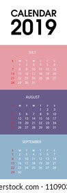 Vector of 2019 new year calendar in clean minimal table simple style. Holiday event planner. Week Starts Sunday.