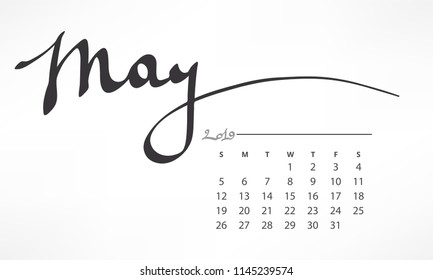 Vector of 2019 new year calendar in clean minimal table simple graphic style. Name of months are written by hand made calligraphy style.  Page of calendar, month. Lettering MAY.