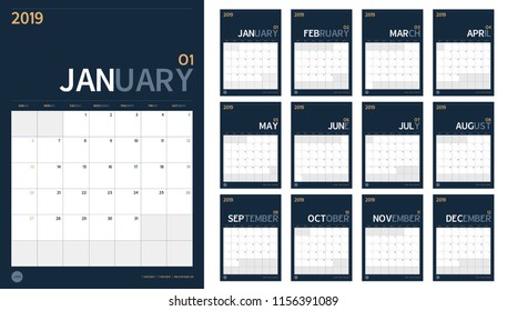 Vector of 2019 new year calendar set in clean minimal table simple style and navy blue color,Holiday event planner,Week Starts Sunday,A4 vertical size