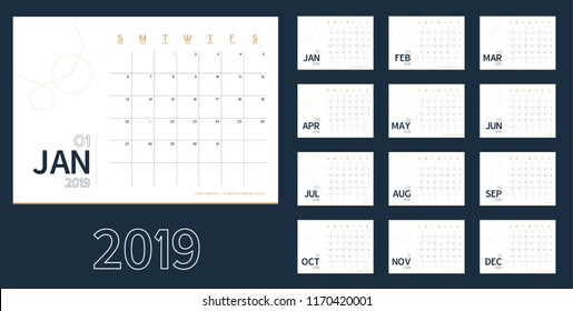 Vector of 2019 new year calendar in clean minimal blue table simple style,Holiday event planner,Week Starts Sunday.include holiday event.A5 size