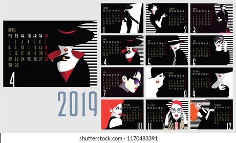 Vector of 2019 new year calendar with fashion women in style pop art.