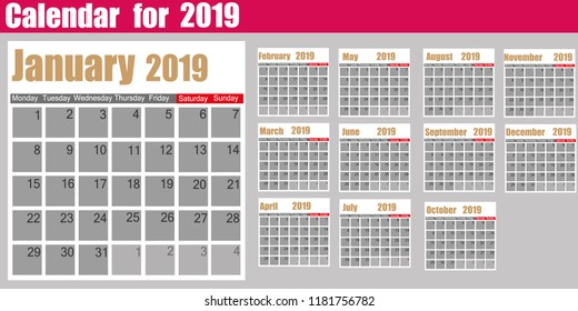 Vector of 2019 new year calendar in clean minimal table simple style and blue and yellow color,