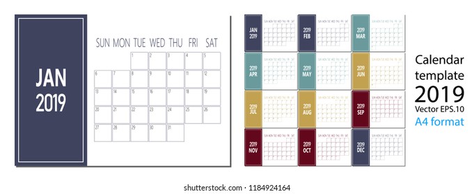 Vector of 2019 new year calendar in clean minimal table simple style and blue color A4 size