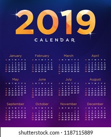 Vector of 2019 new year calendar template Design  with abstract space background and modern concept