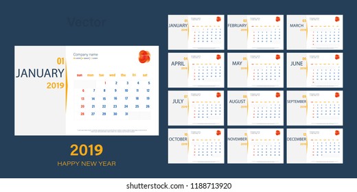 Vector of 2019 new year calendar in clean minimal table simple style and blue and orange yellow color,Holiday event planner,Week Starts Sunday.include holiday event.A5 size