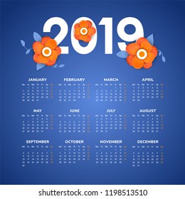 Vector of 2019 new year calendar in clean minimal  style with flowers