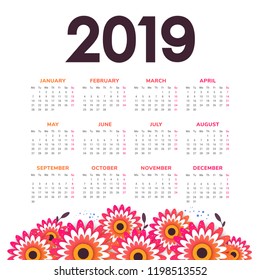 Vector of 2019 new year calendar in clean minimal  style with flowers