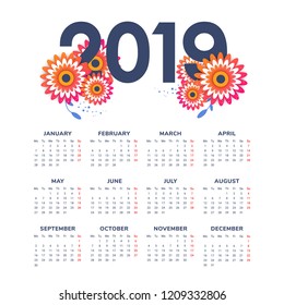Vector of 2019 new year calendar in clean minimal  style with flowers