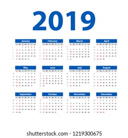 Vector of 2019 new year calendar in clean minimal table simple style, Holiday event planner, Week Starts Sunday art