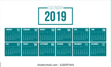 Vector of 2019 new year calendar in clean minimal table simple in modern color,Holiday event planner,Week Starts Sunday.