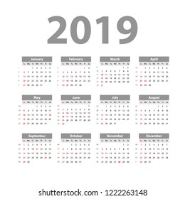 Vector of 2019 new year calendar in clean minimal table simple style, Holiday event planner, Week Starts Sunday art