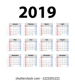 Vector of 2019 new year calendar in clean minimal table simple style, Holiday event planner, Week Starts Sunday art