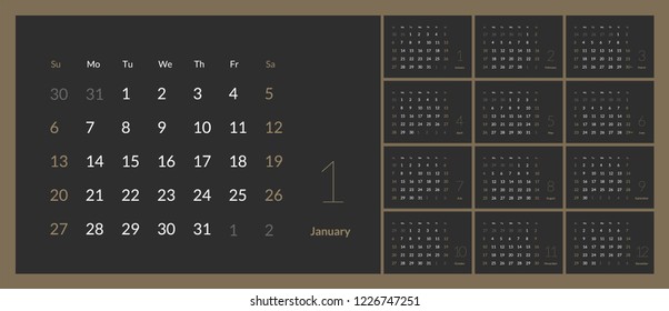 Vector of 2019 new year calendar in clean minimal table simple style. Eps 10