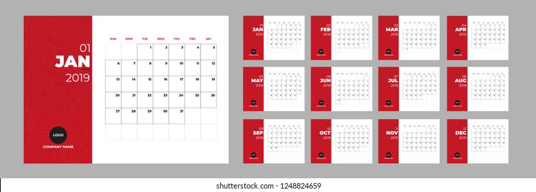 Vector of 2019 new year calendar in clean minimal table simple style red color