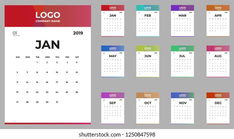 Vector of 2019 new year calendar in clean minimal table simple style red color