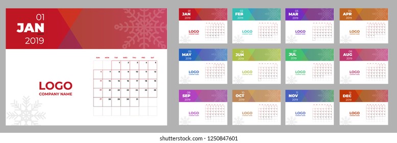 Vector of 2019 new year calendar in clean minimal table simple style red color