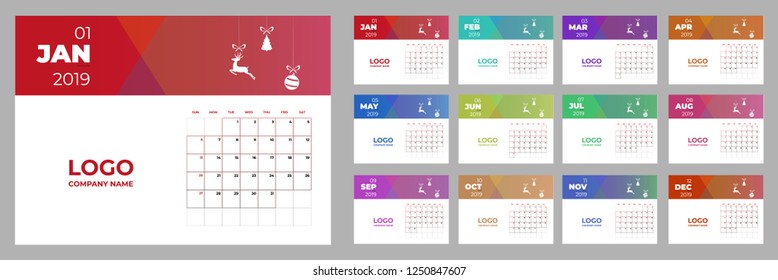 Vector of 2019 new year calendar in clean minimal table simple style red color