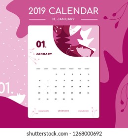 Vector of 2019 new year calendar in flat style with elegant illustration with pig. Shades of pink color. Chinese New Year 2019. The year of the pig. January. Week Starts Sunday. Stationery Design