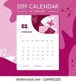 Vector of 2019 new year calendar in flat style with elegant illustration with pig. Shades of pink color. Chinese New Year 2019. The year of the pig. February. Week Starts Sunday. Stationery Design