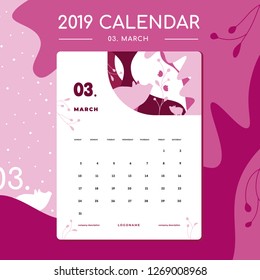 Vector of 2019 new year calendar in flat style with elegant illustration with pig. Shades of pink color. Chinese New Year 2019. The year of the pig. March. Week Starts Sunday. Stationery Design