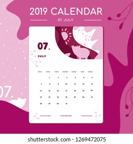 Vector of 2019 new year calendar in flat style with elegant illustration with pig. Shades of pink color. Chinese New Year 2019. The year of the pig. July. Week Starts Sunday. Stationery Design