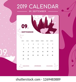 Vector of 2019 new year calendar in flat style with elegant illustration with pig. Shades of pink color. Chinese New Year 2019. The year of the pig. September. Week Starts Sunday. Stationery Design