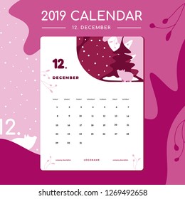 Vector of 2019 new year calendar in flat style with elegant illustration with pig. Shades of pink color. Chinese New Year 2019. The year of the pig. December. Week Starts Sunday. Stationery Design