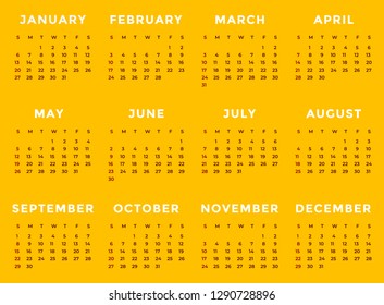 Vector of 2019 new year calendar on yellow background.