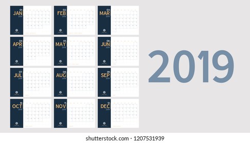 Vector of 2019 new year calendar.Week Starts Sunday, Organizer