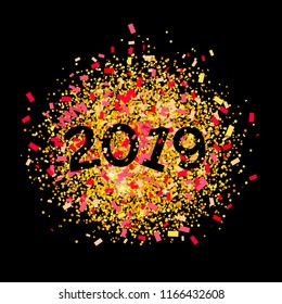 Vector 2019 new year card with colorful and golden confetti. Vector illustration for your graphic design.