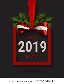 Vector 2019 New Year card with frame? red bow and christmas tree. Happy new year poster