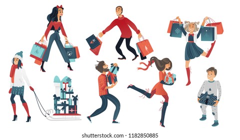 Vector 2019 new year, christmas holiday sale, discount or clearance symbols and characters set. Happy cheerful men and women, kids running with present boxes, shopping bags, packages