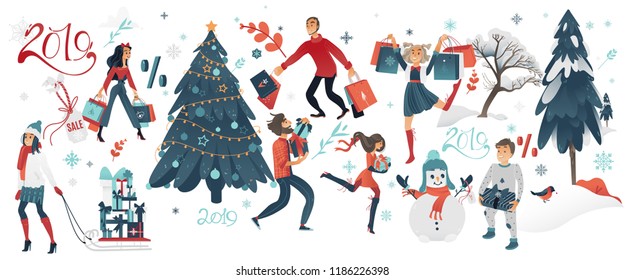 Vector 2019 new year, christmas holiday sale, discount or clearance symbols and characters set. Men and women, kids running with present boxes, winter trees with snowcaps, snowman and snowflakes