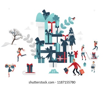 Vector 2019 new year, christmas holiday sale, discount or clearance characters near huge present box pile near winter trees. Happy cheerful men and women, kids running with present boxes shopping bags
