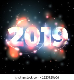 Vector 2019 New Year illustration on bright bokeh background with blurred lights.