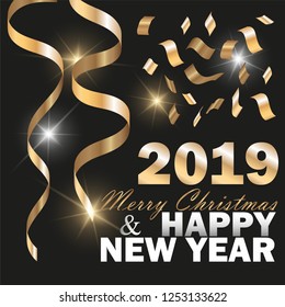 Vector 2019 New Year and merry christmas Black background with Gold Curling Stream. Festive premium design template for holiday greeting card, invitation, calendar poster, banner