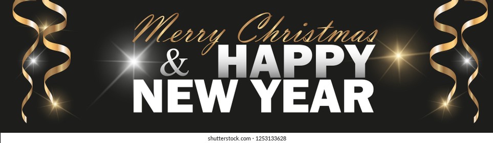 Vector 2019 New Year and merry christmas Black background with glitter confetti and Gold Curling Stream. Festive premium design template for holiday greeting card, invitation, calendar poster, banner