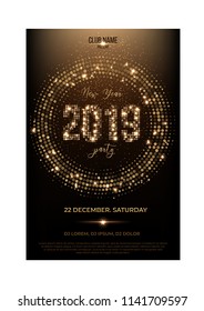 Vector 2019 New Year party flyer template. Glitter words, spot lights and glitter on shiny background.