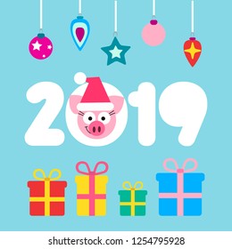 Vector 2019 New Year of Pig card design in cartoon flat style.