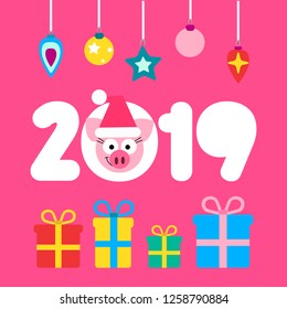 Vector 2019 New Year of Pig card design in cartoon flat style.