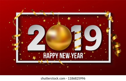 Vector 2019 red Happy New Year background with golden christmas ball bauble and stripes elements