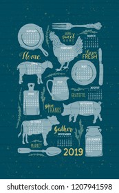 Vector 2019 Vintage Farmhouse Shiplap Calendar In Night Watch Teal, Cornflower Blue, And Gold. Great For Gifts, Paper Crafting, Home Decor, Office Supplies, Kitchen Calendars, And Guest Room Decor.