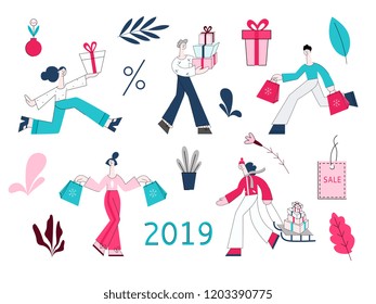 Vector 2019 winter sale concept set. Adult man, women holding presents, woman pulling sledge with shopping bags, purchases during store clearance and discounts, snowman christmas tree, present box.