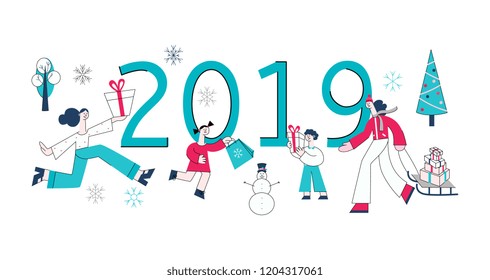 Vector 2019 winter sale concept with adult woman pulling sledge with shopping bags, purchases during store clearance and discounts, kids holding presents background snowman, christmas tree, snowflakes